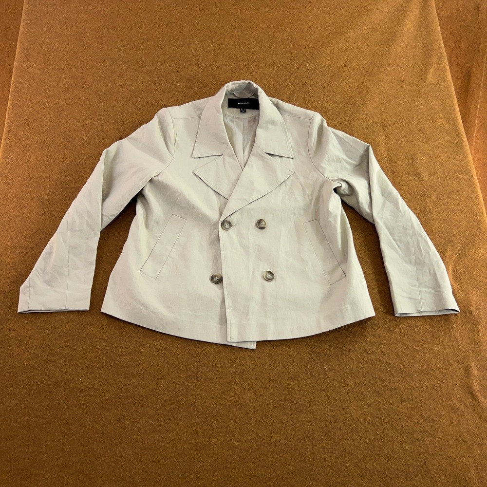 Vero Moda Womens Large Beige Linen Blend Double Breasted Cropped Blazer Jacket